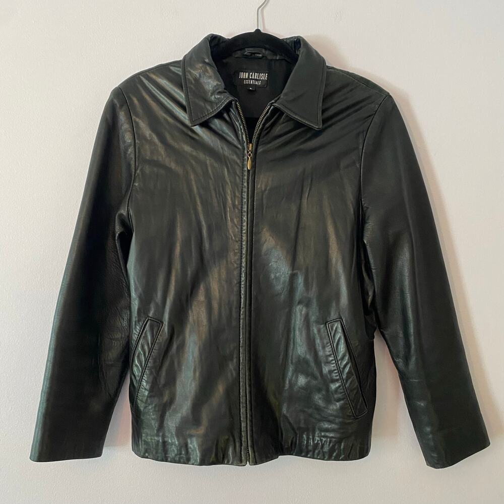 John Carlisle Essentials Black Leather Jacket Full-Zip Vintage Moto Women Large